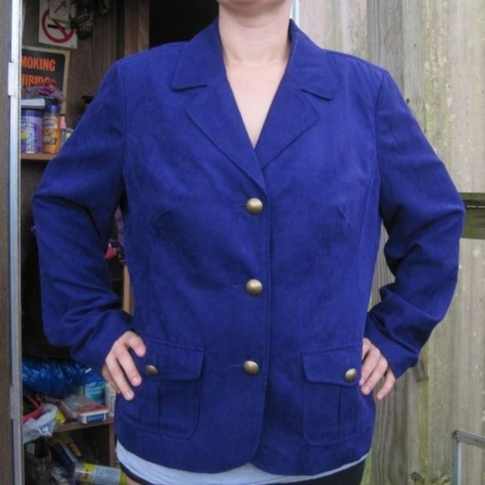 SW Studio Works 14 Suede Purple Padded Shoulder Suit Jacket Coat Brass Buttons